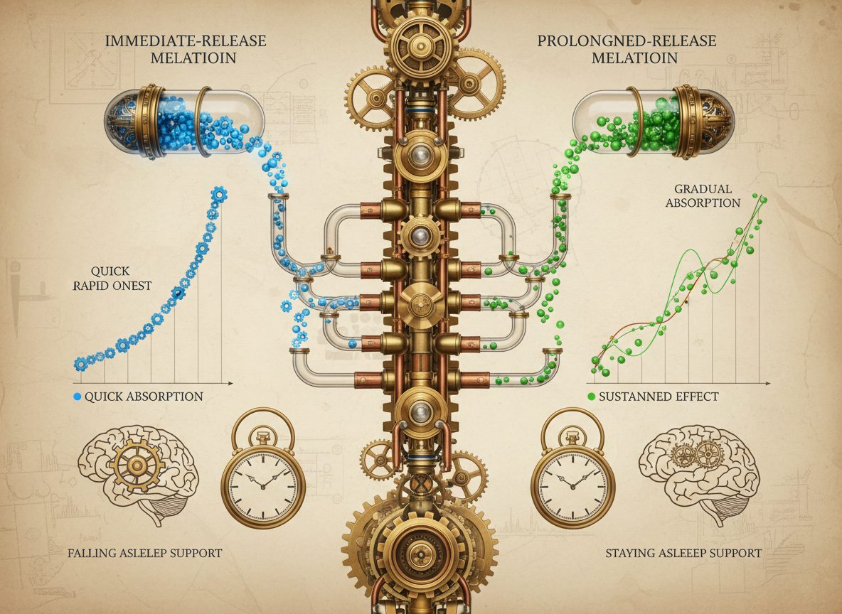 Technical infographic comparing immediate-release and prolonged-release melatonin, showing different sleep support pathways on medicalmojo.co.uk.