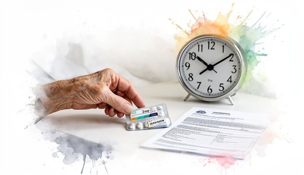 A hand holding melatonin tablets beside a clock and prescription paperwork, illustrating why finding the right melatonin dose matters on medicalmojo.co.uk with Dr Rosalind Jex.