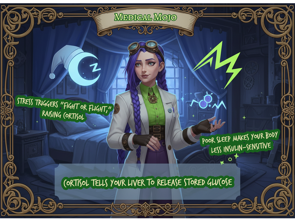 Dr Rosalind Jex in a calm, reassuring pose in a moody steampunk bedroom, explaining the stress-sleep-cortisol-blood sugar connection, medicalmojo.co.uk