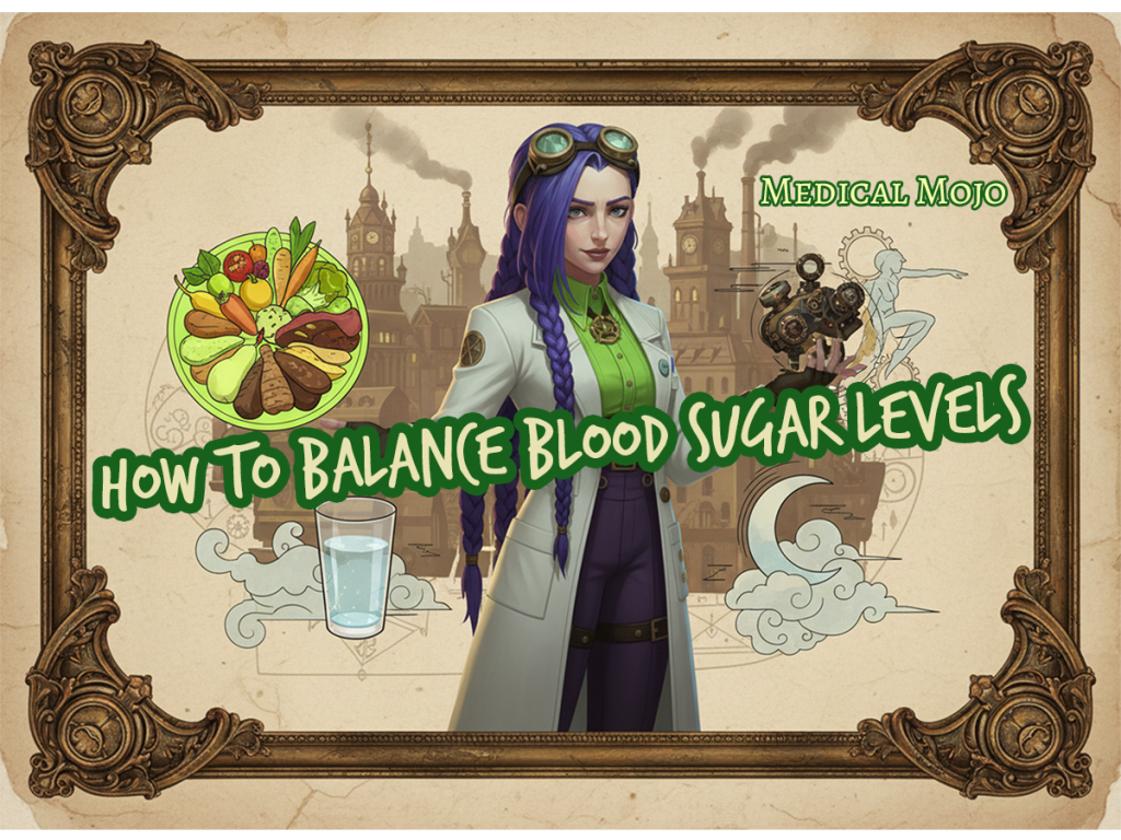 Dr Rosalind Jex in an steampunk setting with ornate brass frame, surrounded by balanced plate, water, and wellness imagery, introducing a UK guide to blood sugar control, medicalmojo.co.uk