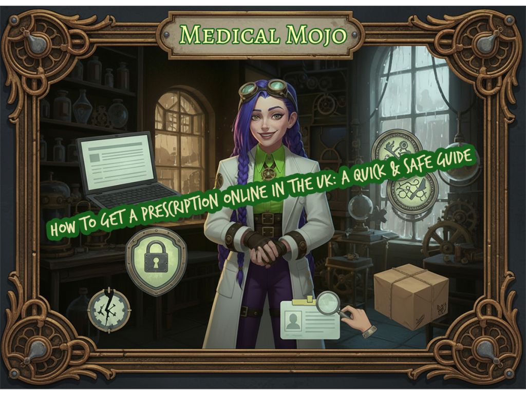 Dr Rosalind Jex in an steampunk clinic collage showing online prescription steps—laptop questionnaire, secure lock, ID check, clinician review, and discreet medicine delivery, medicalmojo.co.uk