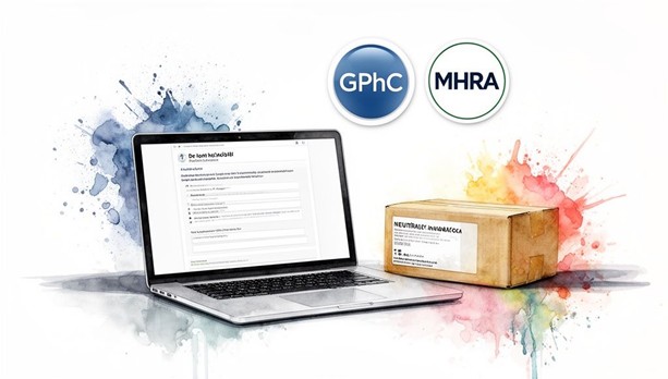 Online consultation laptop, medicine parcel, and UK pharmacy safety symbols showing how to get tadalafil 5mg safely in the UK with guidance from Dr Rosalind Jex on medicalmojo.co.uk.