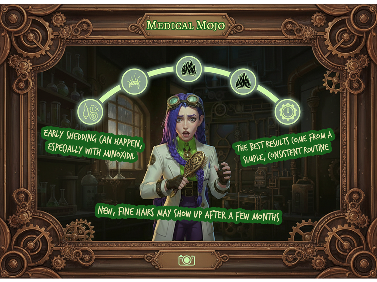If you're in the shedding phase, don't panic: Dr Rosalind Jex at medicalmojo.co.uk shows the typical timeline from reset to regrowth. Dr Rosalind Jex looks concerned but reassuring while holding a steampunk hairbrush with shed hairs and pointing to a clockwork timeline showing shedding reset, new vellus hairs, thickening density, and maintenance icons at medicalmojo.co.uk. Title: Finasteride and Minoxidil Results Timeline (UK) | Dr Rosalind Jex | medicalmojo.co.uk