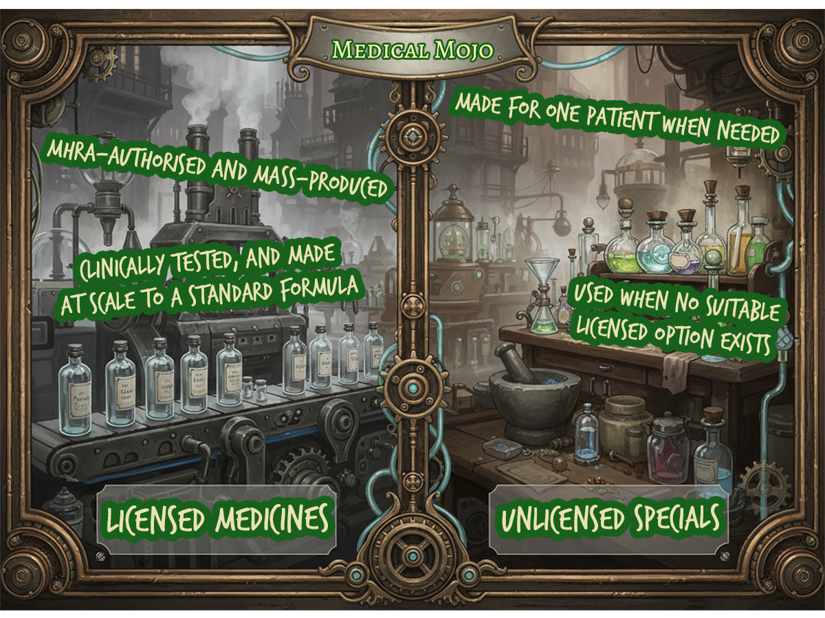 Licensed vs unlicensed ‘specials’ explained | medicalmojo.co.uk Steampunk split infographic comparing licensed medicines with unlicensed ‘specials’, showing mass-produced packaging versus bespoke apothecary bottles, medicalmojo.co.uk
