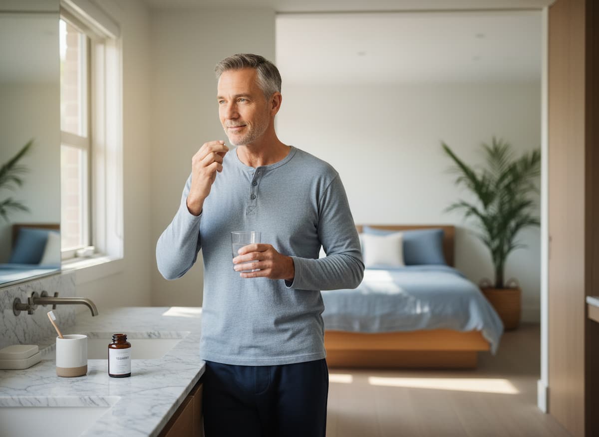 Real-life photograph for medicalmojo.co.uk showing a man taking daily tadalafil as part of his home routine, reflecting the practical treatment guidance explained by Dr Rosalind Jex.