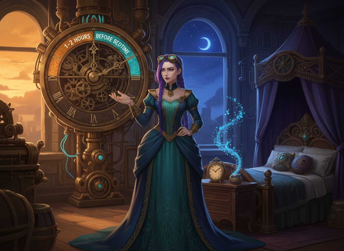 Dr Rosalind Jex in a steampunk evening setting with bedtime cues and clock imagery showing why melatonin timing matters for sleep on medicalmojo.co.uk.
