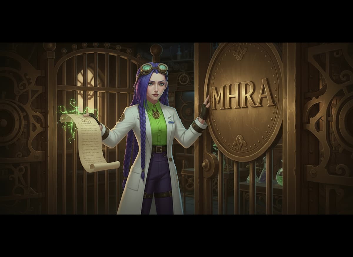 Dr Rosalind Jex stands beside an MHRA vault door holding a scroll, illustrating how medicalmojo.co.uk explains the MHRA regulation of melatonin in the UK.