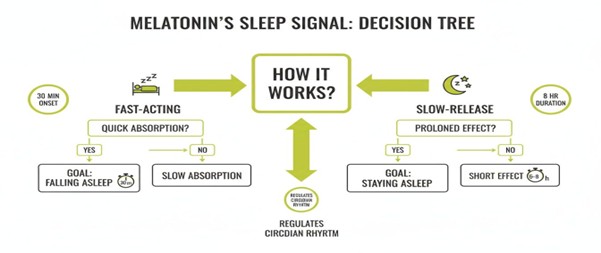 A melatonin decision tree infographic showing fast-acting and slow-release pathways for sleep support, featured on medicalmojo.co.uk with Dr Rosalind Jex.