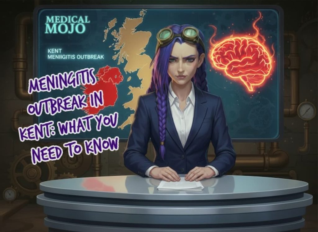 Dr Rosalind Jex presents meningitis outbreak information for Kent on medicalmojo.co.uk, featuring a map of the UK with outbreak location, an illuminated brain illustration, and key clinical guidance from Medical Mojo.