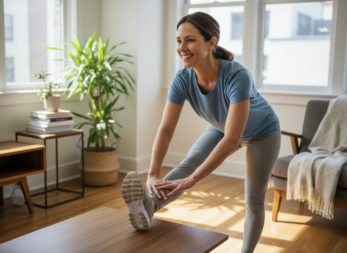 medicalmojo.co.uk Dr Rosalind Jex movement in everyday life for sustainable weight loss medicalmojo.co.uk woman doing a home stretch exercise in a bright living room, showing ease of movement and fitness as part of everyday life.