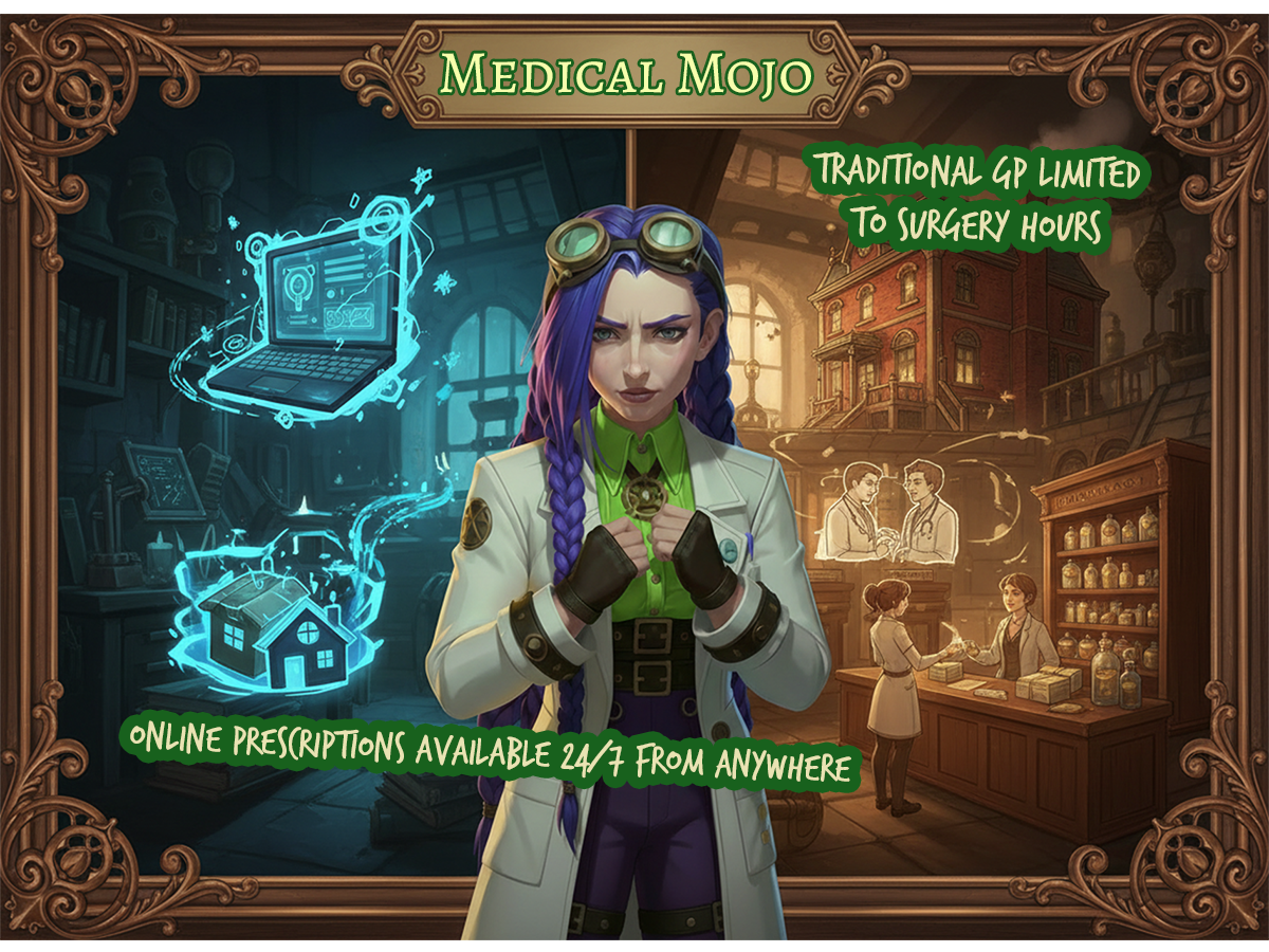 steampunk infographic comparing online prescription pathway (laptop, questionnaire, home delivery) with traditional GP pathway (surgery, face-to-face, pharmacy visit), medicalmojo.co.uk