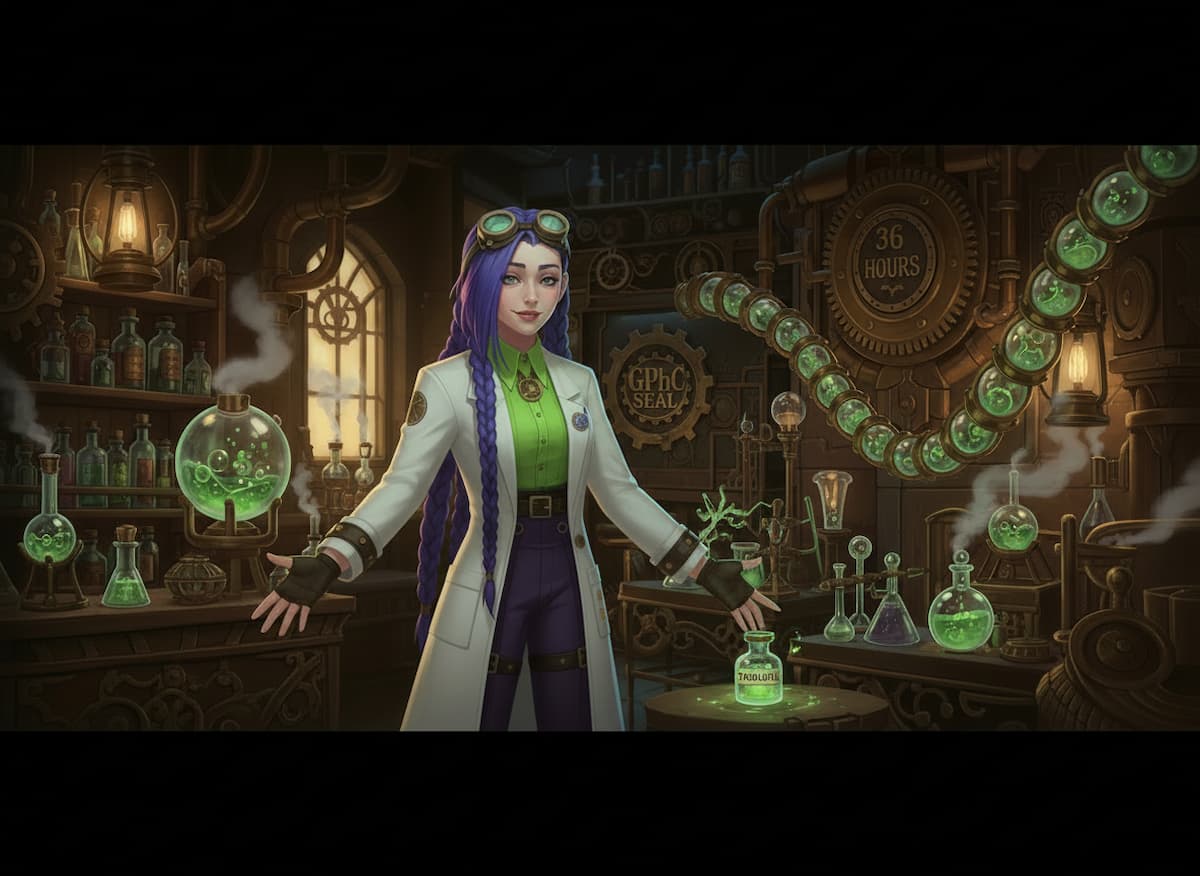 Dr Rosalind Jex in a steampunk pharmacy laboratory with glowing medicine bottles, trust symbols, and a 36-hour clock, illustrating patient confidence when buying tadalafil safely on medicalmojo.co.uk.