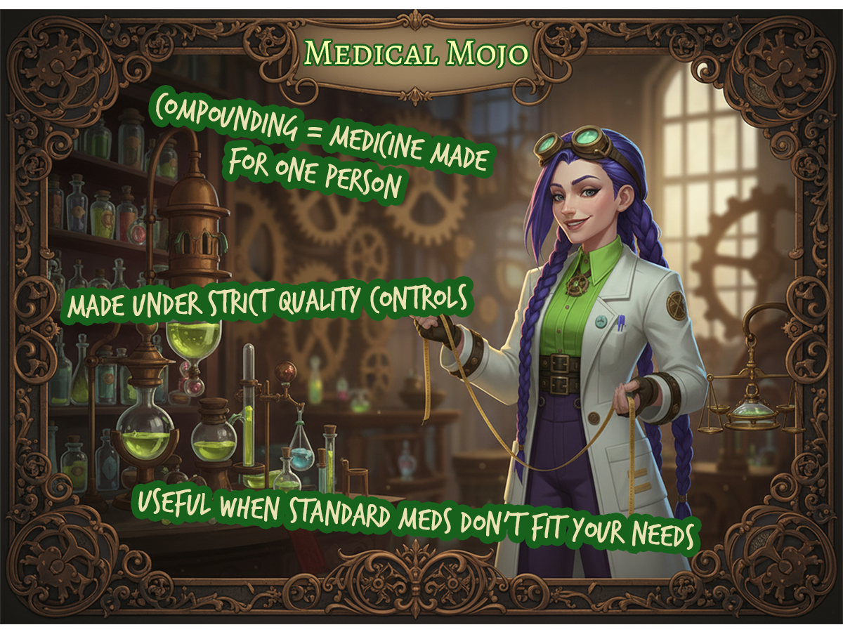 Personalised medicine, made to measure | medicalmojo.co.uk | Dr Rosalind Jex Dr Rosalind Jex in an Arcane-style steampunk lab, holding a measuring tape and apothecary scale to represent personalised compounded medicine, in Medical Mojo colours, medicalmojo.co.uk