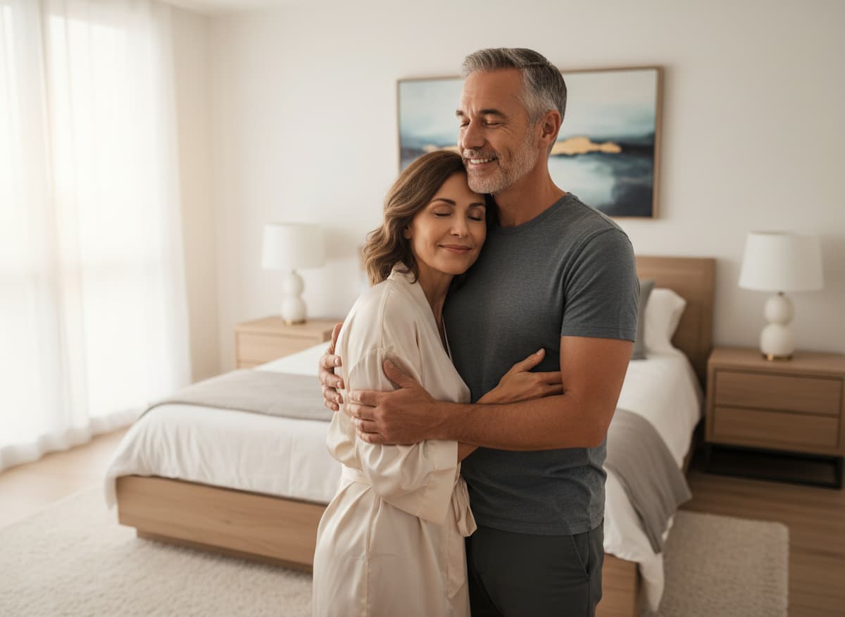 Mature couple embracing with warmth and confidence in a bedroom setting, showing the emotional benefits of tadalafil treatment for medicalmojo.co.uk.