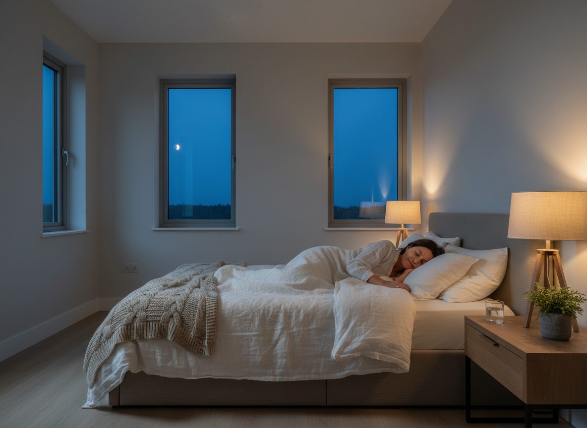 A woman sleeping peacefully in a softly lit bedroom at night, illustrating safe and regulated sleep support discussed by medicalmojo.co.uk in the blog about why melatonin is not banned in the UK.