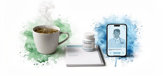 A collage showing safe sleep alternatives including herbal tea, a sleep journal, over-the-counter remedies, and a digital consultation on a smartphone, as recommended by medicalmojo.co.uk.