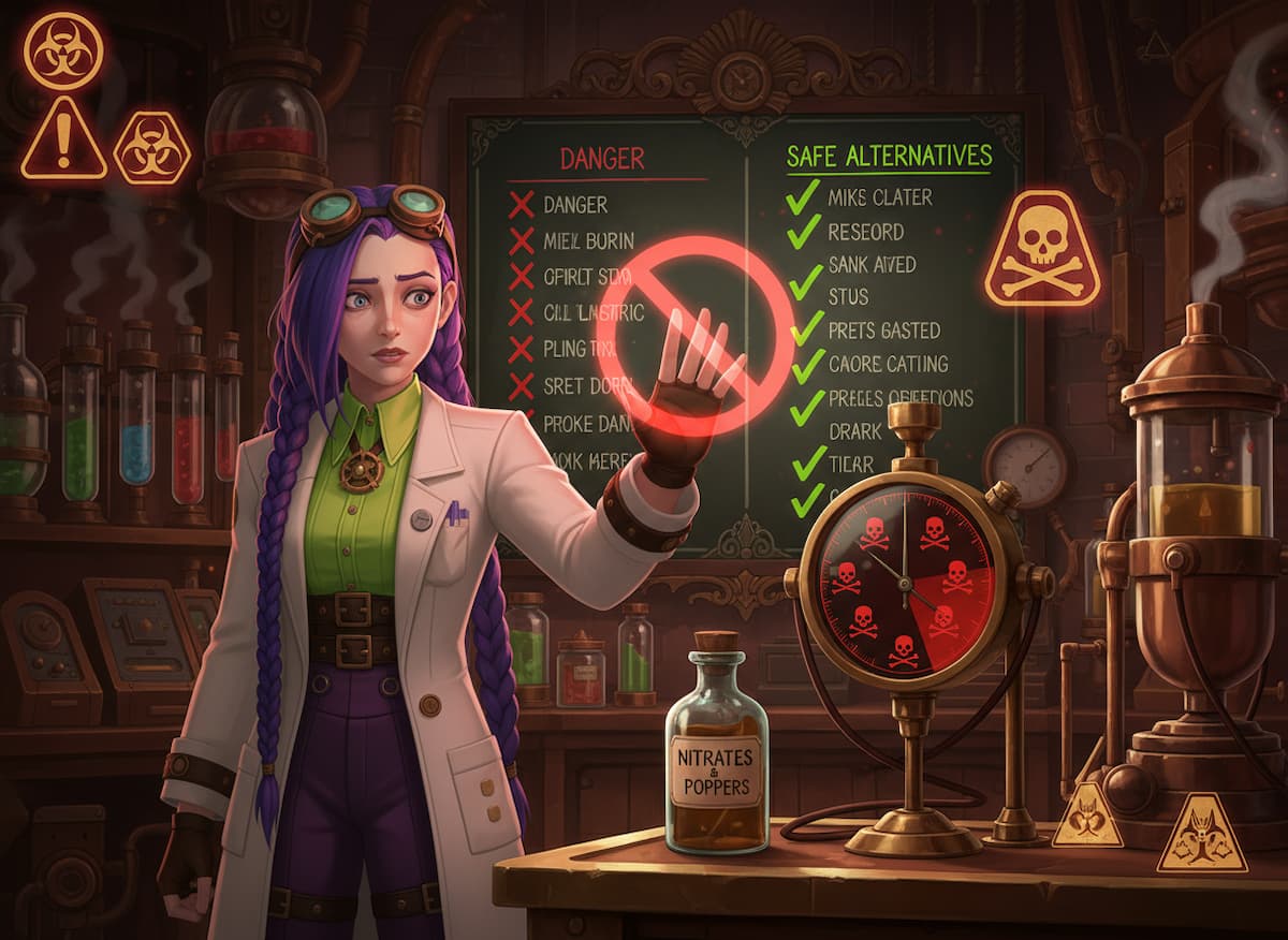 Dr Rosalind Jex in a steampunk laboratory holding a warning symbol over nitrates and poppers, with a blood pressure gauge showing a dangerous drop, for medicalmojo.co.uk.