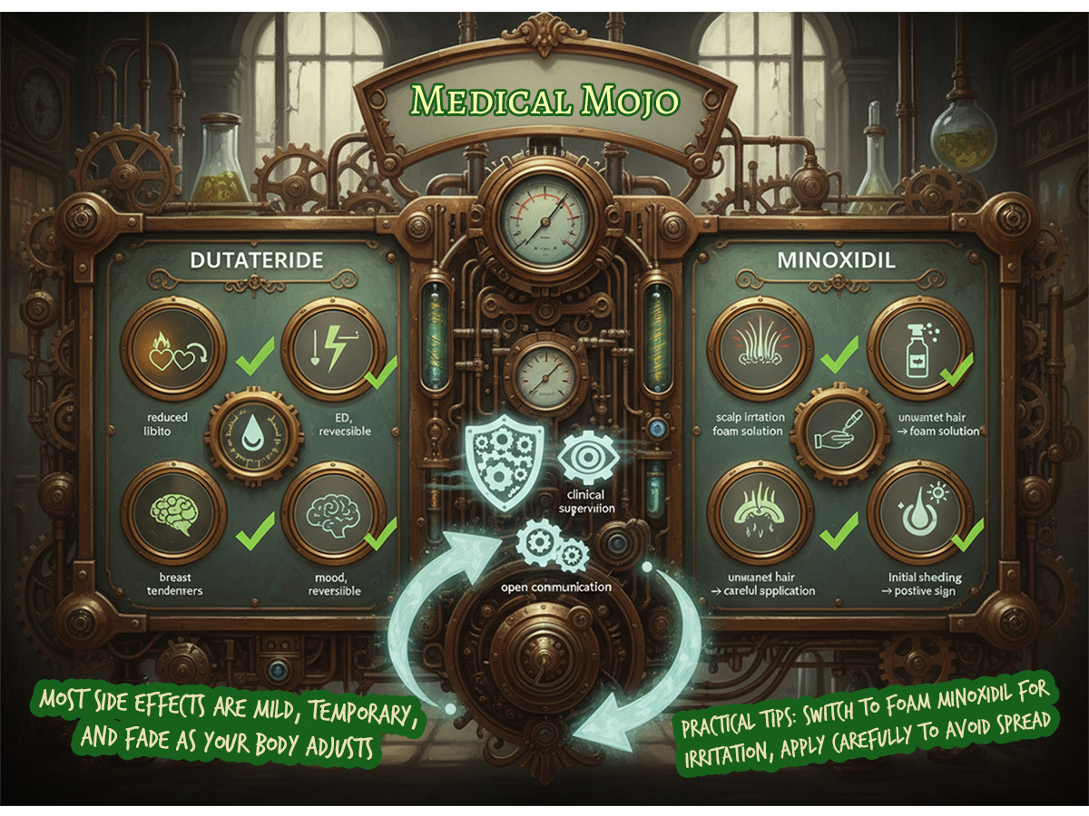 A steampunk control panel shows dutasteride side effects (reduced libido, ED, mood changes) and minoxidil side effects (scalp irritation, unwanted hair, shedding) with reversibility symbols, practical management icons, and a GPhC safety badge at medicalmojo.co.uk.