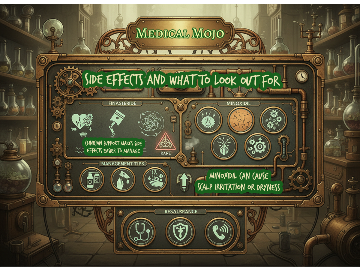 Finasteride and Minoxidil Side Effects (UK) | medicalmojo.co.uk A steampunk control board shows finasteride side effect icons with reversibility arrows and minoxidil side effect icons for irritation, dryness, shedding, and unwanted hair, alongside management symbols like foam swap and clinician follow-up at medicalmojo.co.uk.