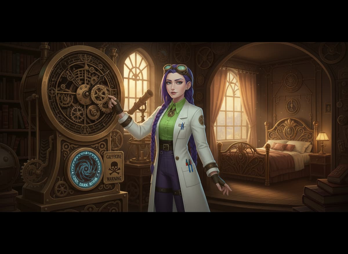 Dr Rosalind Jex stands in a steampunk bedroom pointing to a clock and caffeine warning, illustrating sleep hygiene principles explained by medicalmojo.co.uk in their melatonin guide.