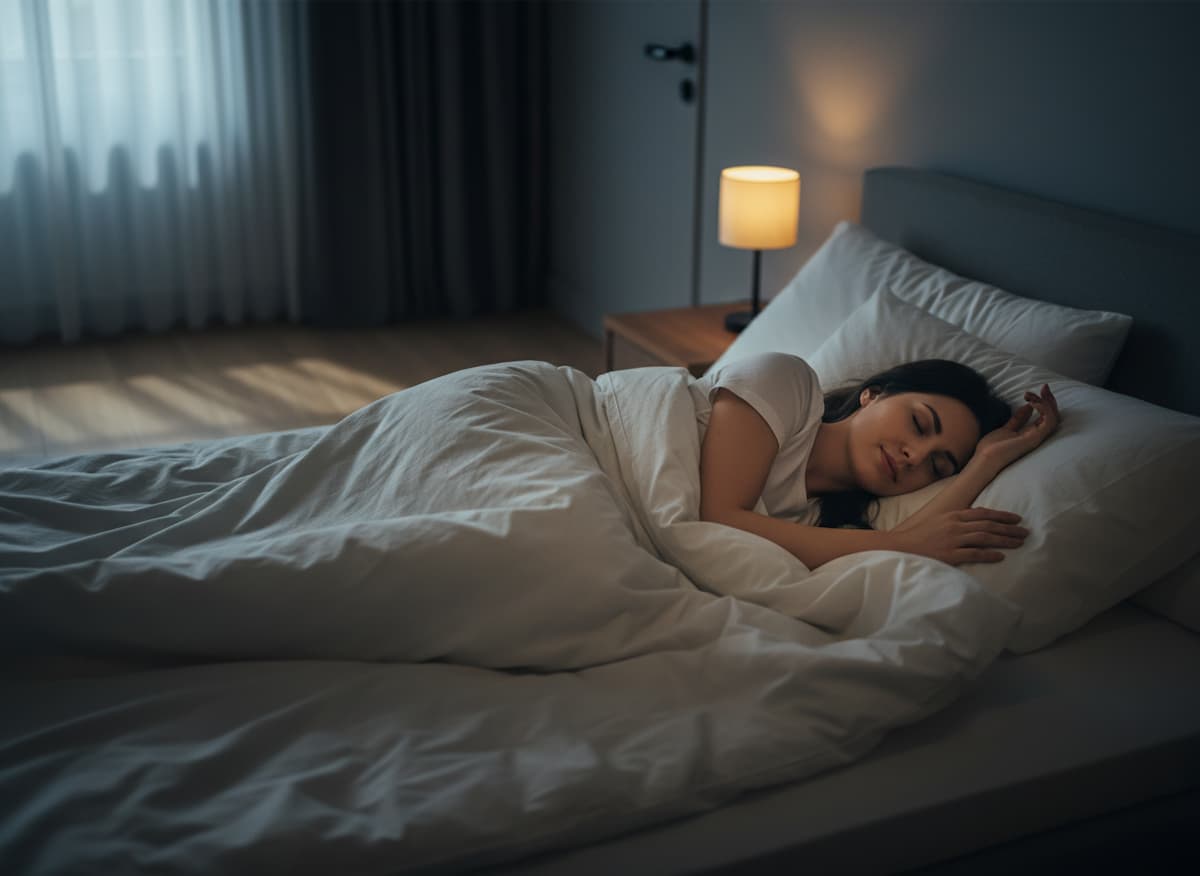 A woman sleeping peacefully in a dark bedroom with soft bedside lighting, illustrating restful sleep after melatonin support on medicalmojo.co.uk with Dr Rosalind Jex guidance.
