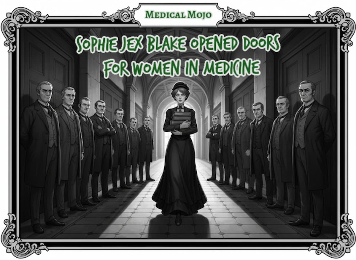 Sophia Jex-Blake: The Woman Who Opened the Door to Medicine | medicalmojo.co.uk Victorian black-and-white steampunk corridor scene showing Sophia Jex-Blake walking alone holding books to her chest, while disapproving men stand on both sides watching her, for medicalmojo.co.uk.