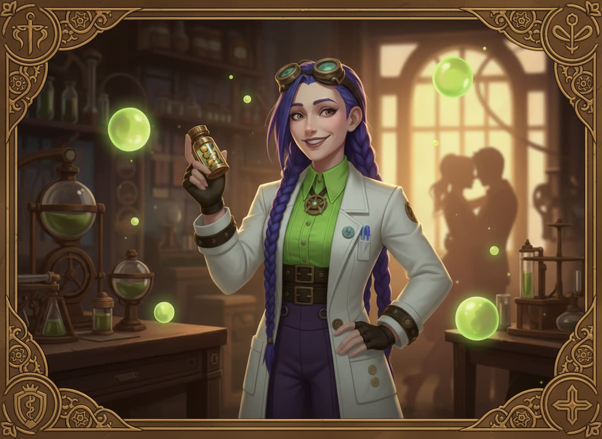 Branded infographic for medicalmojo.co.uk showing Dr Rosalind Jex holding daily tadalafil medication in a warm steampunk setting, with subtle couple silhouettes representing confidence and spontaneity.