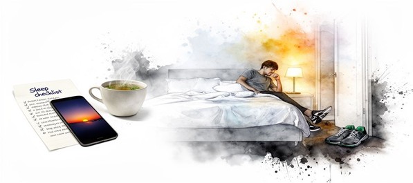 A sleep support image with a bedtime checklist, warm drink, phone, and bedroom scene, illustrating healthy habits beyond medication on medicalmojo.co.uk with Dr Rosalind Jex.