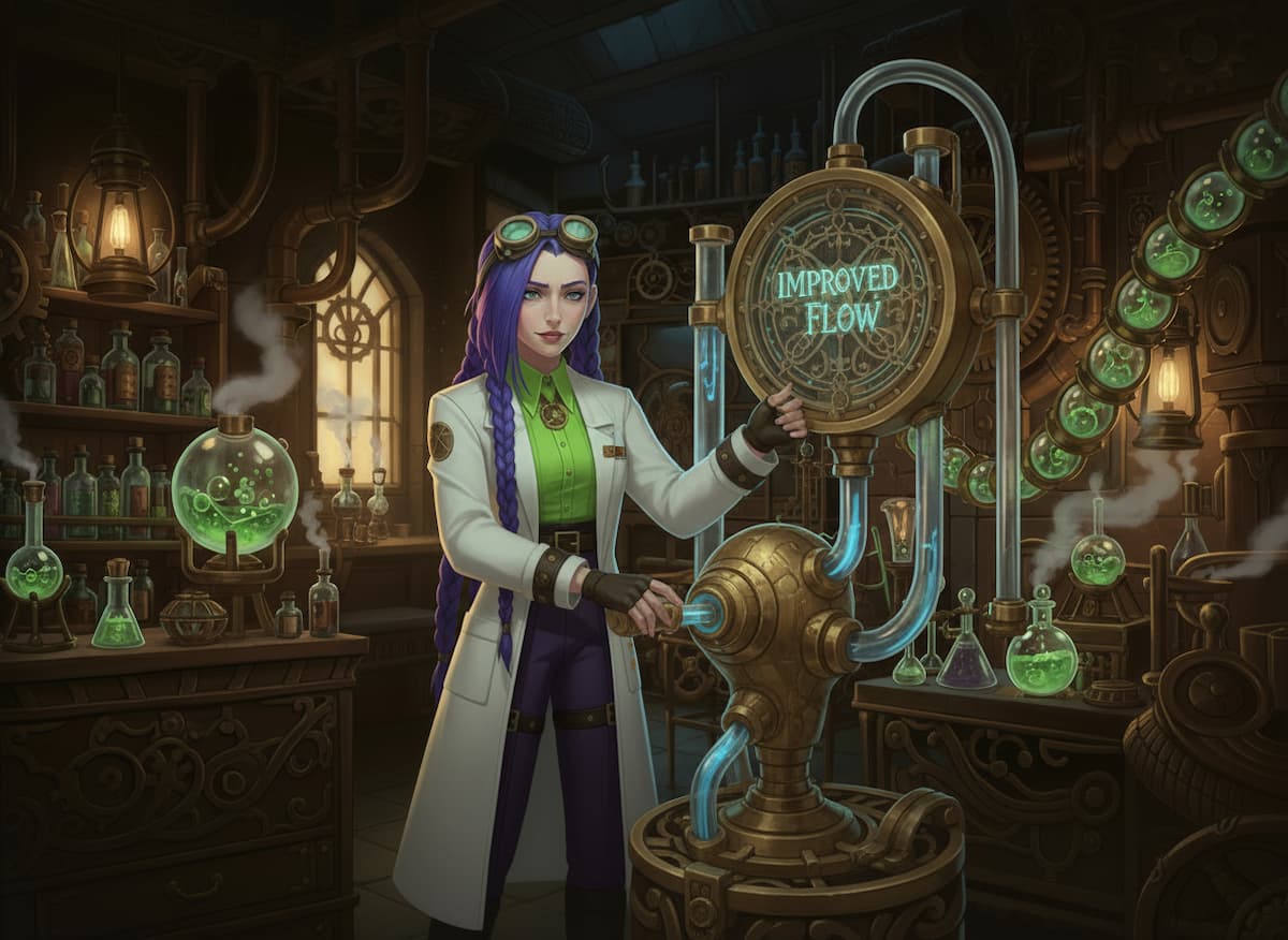 Dr Rosalind Jex in a steampunk laboratory holding a brass gauge marked "Improved Flow" with glowing blue fluid flowing through pipes, demonstrating how tadalafil 5mg helps prostate and bladder function on medicalmojo.co.uk.