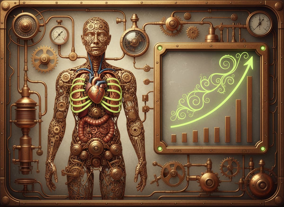 Technical pharmacology infographic for medicalmojo.co.uk showing tadalafil half-life, steady-state build-up, and bloodstream activity in a steampunk medical style explained by Dr Rosalind Jex.