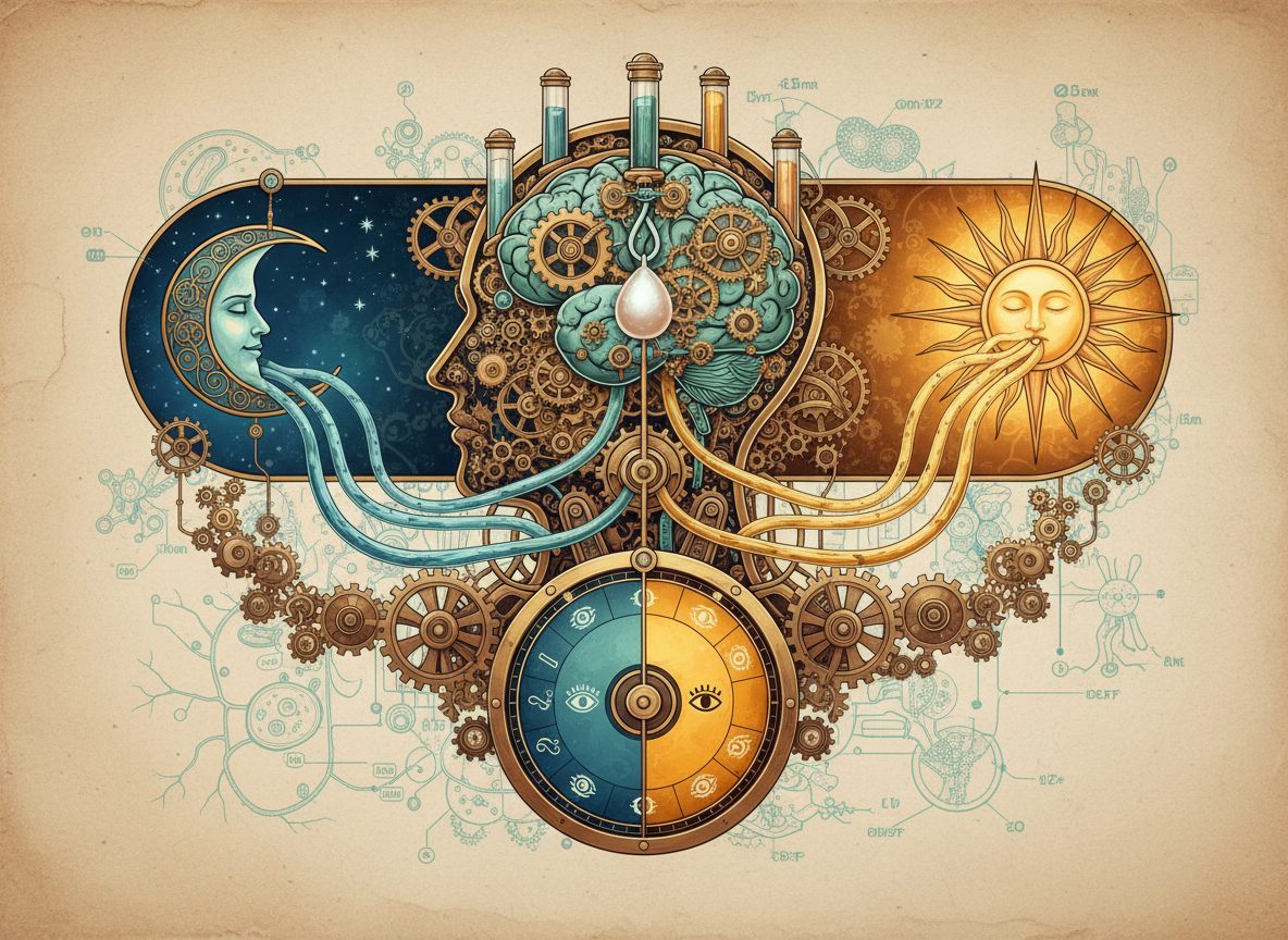 A steampunk-style technical diagram showing how melatonin regulates the body's circadian rhythm, with the moon and sun representing night and day cycles, as explained by medicalmojo.co.uk in their guide on why melatonin is a prescription-only medicine in the UK.