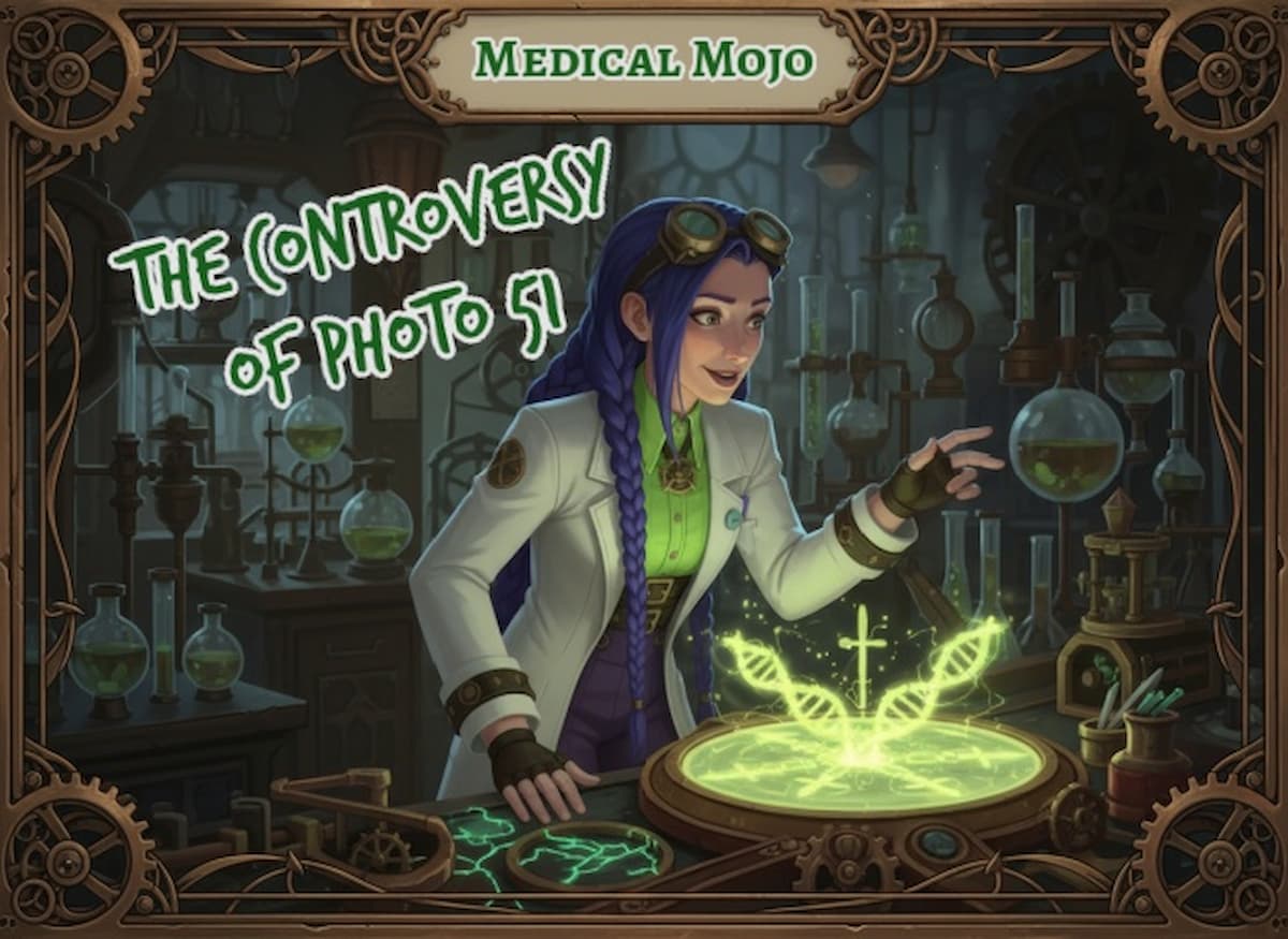 Photo 51 and Rosalind Franklin: The DNA Story Explained | medicalmojo.co.uk Dr Rosalind Jex examines a glowing Photo 51-style X-ray diffraction pattern on a steampunk light table in a moody lab for medicalmojo.co.uk.
