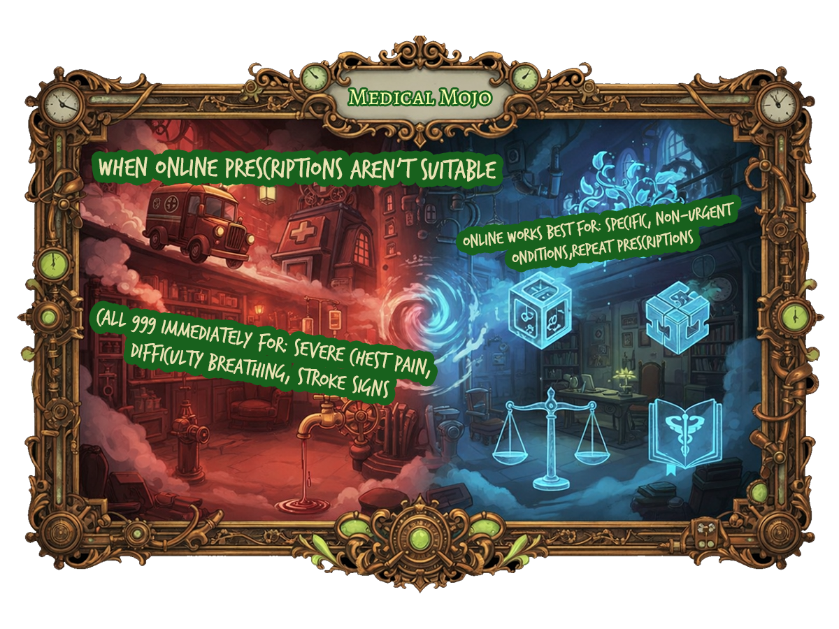 steampunk infographic showing when to avoid online prescriptions—medical emergencies (chest pain, breathing difficulty, stroke, severe bleeding, allergic reactions) and complex conditions requiring GP care, medicalmojo.co.uk