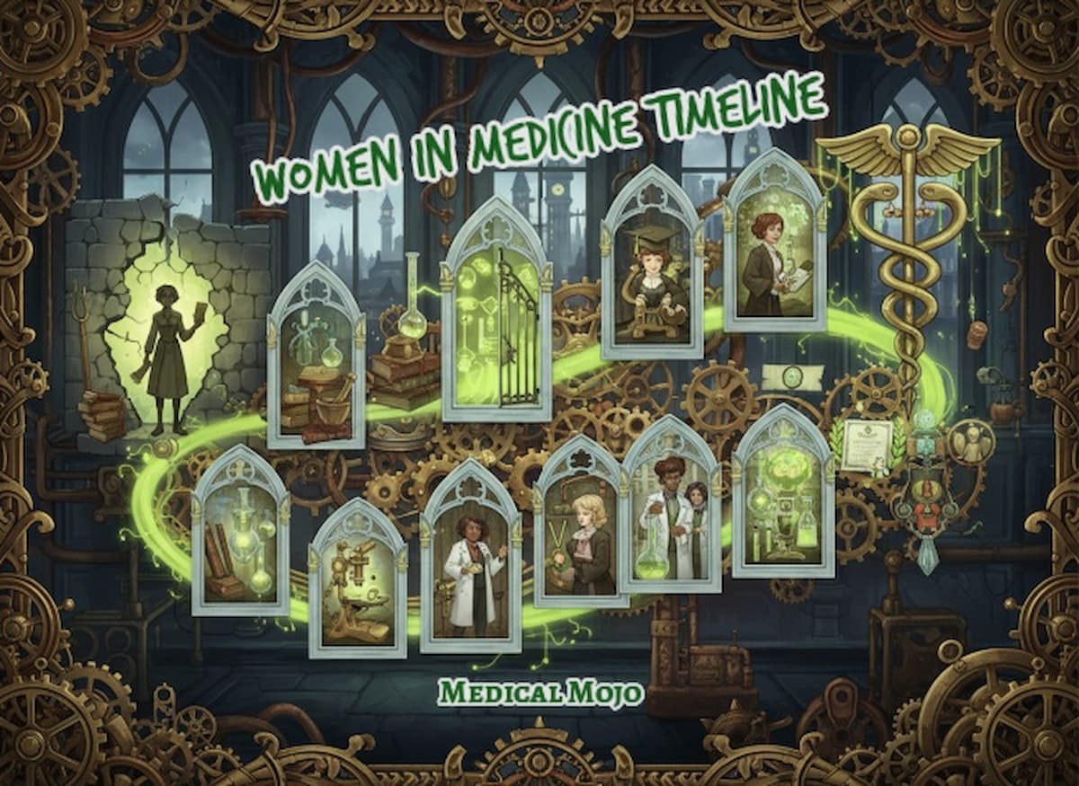 Women in Medicine Timeline (Steampunk History) | medicalmojo.co.uk Steampunk women in medicine historical timeline with stained-glass style panels showing women studying, training, and working in healthcare, linked by glowing green pathways, surrounded by gears and Victorian architecture, for medicalmojo.co.uk.