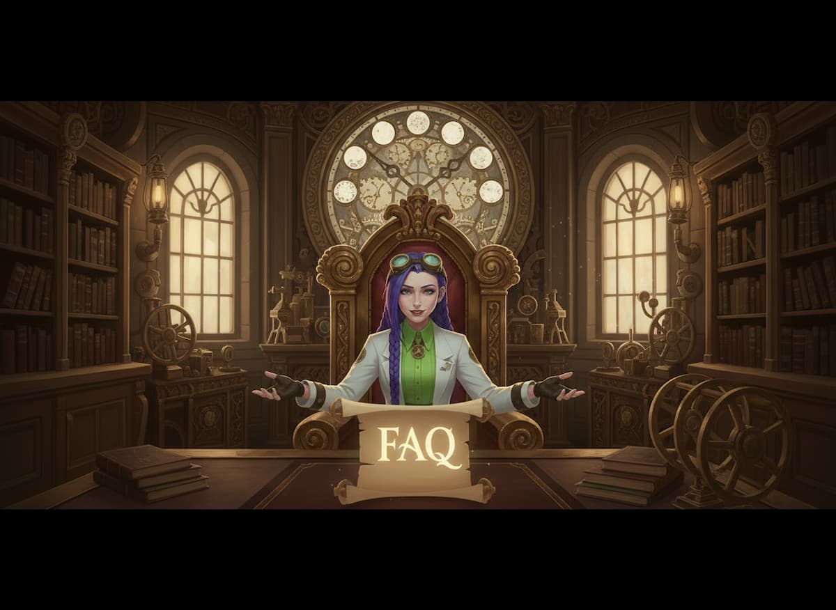 Dr Rosalind Jex sits in a steampunk study presenting a glowing FAQ scroll, illustrating common questions about melatonin in the medicalmojo.co.uk guide on why melatonin is not banned in the UK.