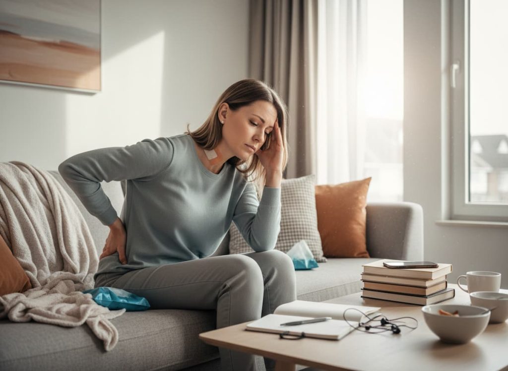 Real-life style infographic for medicalmojo.co.uk showing a UK patient living with chronic pain, fatigue, and brain fog before exploring Low-Dose Naltrexone.